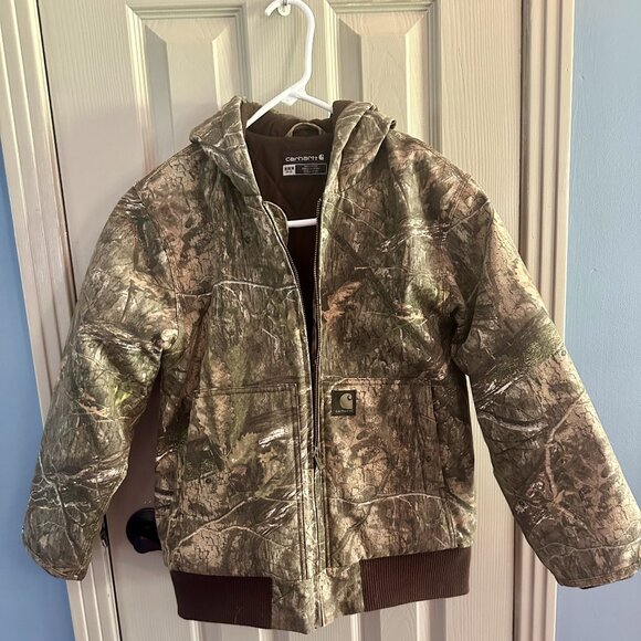 Carhartt Youth M 10/12 Zip-Front Canvas Insulated Hooded Camo Jacket Like New - Picture 1 of 3